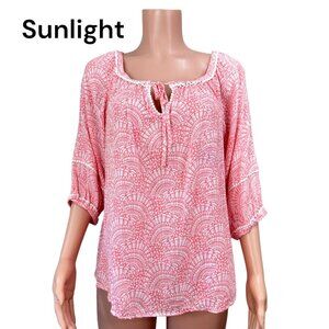 Crown & Ivy Women sz L Petite  Coral Top Blouse Tie Collar Neck Crochet Detail
